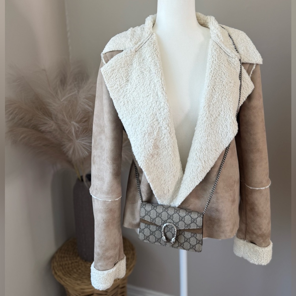 Splendid Tan and Cream Teddy Jacket with Plush Lapels